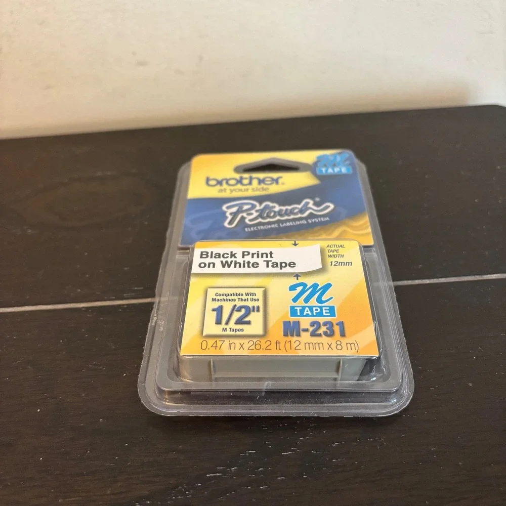 Brother P-Touch M-231 Label Tape | 1/2 Inch‎ 12mm Black on White M Tape | New